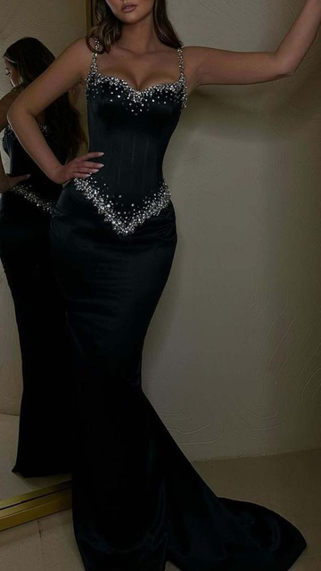 Black Beading Spaghetti Strap Elegant Sleeveless Mermaid Prom Dress Eveing Gown HZ1023